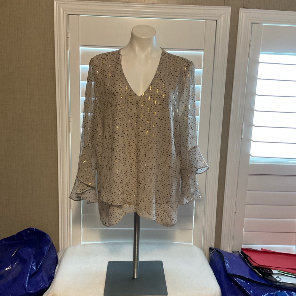 Vince Camuto Beige Metallic Dot Blouse